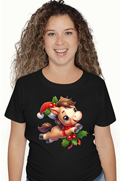 StoryGift Romania Tricou Femei cu un calut care poarta o caciula de Craciun, ilustratie, vasc, sar BLK_L