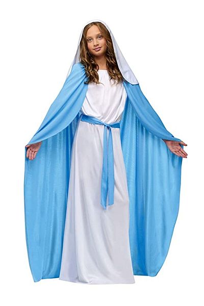 zola Costum pentru copii, Sfanta Maria, 6-12 ani, roba, pelerina, centura din material, alb cu albastru