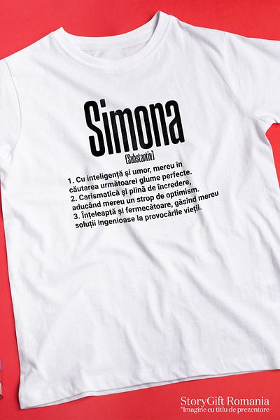 StoryGift Romania Tricou Femei Cu Numele Simona, si Mesaj Motivational, Glumeata, Carismatica, Int WHT_S