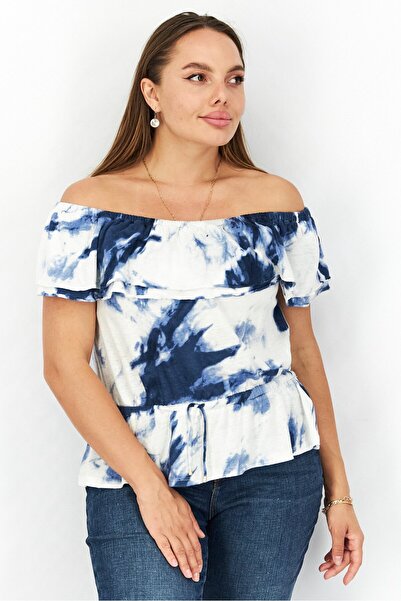 Ralph Lauren Women Off Shoulder Flutter Sleeves Tie-Dye Top, Navy