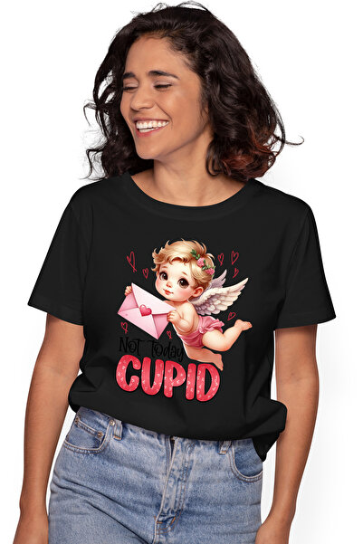 StoryGift Romania Tricou Femei cu ingerasul Cupidon cu mesajul "Not today, Cupid", nu azi, inimioa BLK_L