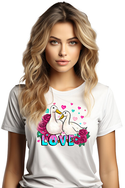 StoryGift Romania Tricou Femei cu 2 rate apropiate cu mesajul "Love", inimioare colorate, trandafi WHT_L