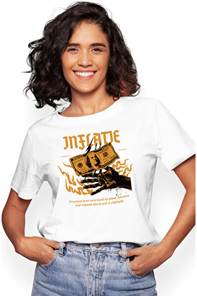 StoryGift Romania Tricou Femei mana umana in flacari inflatie bani bancnota c...