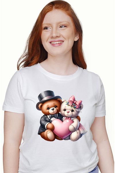 StoryGift Romania Tricou Femei cu 2 ursuleti, ilustratie, inima, funda, palarie, costum, rochie, i WHT_S