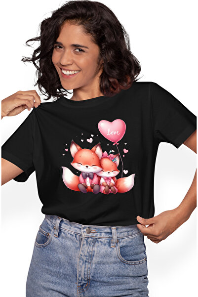 StoryGift Romania Tricou Femei cu o vulpe si un vulpoi, ilustratie, inimioare...