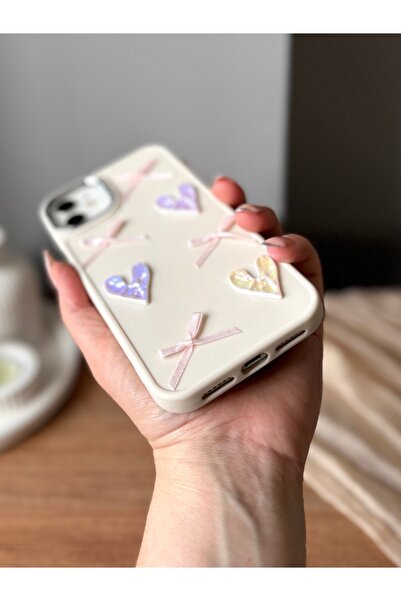 MİRAZ TASARIM Iphone 11 3d bow/heart decorated ecru case