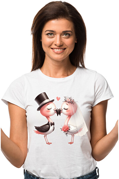 StoryGift Romania Tricou Femei cu 2 pasari Flamingo la nunta, ilustratie, mir...