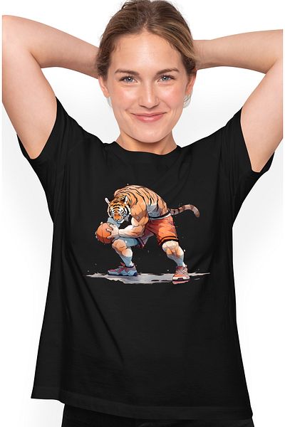 StoryGift Romania Women's T-shirt with a tiger playing basketball, illustration, ball, getting ready to BLK_L