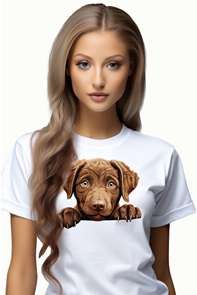 StoryGift Romania Tricou Femei cu un catel sfios, ilustratie, maro deschis, g...