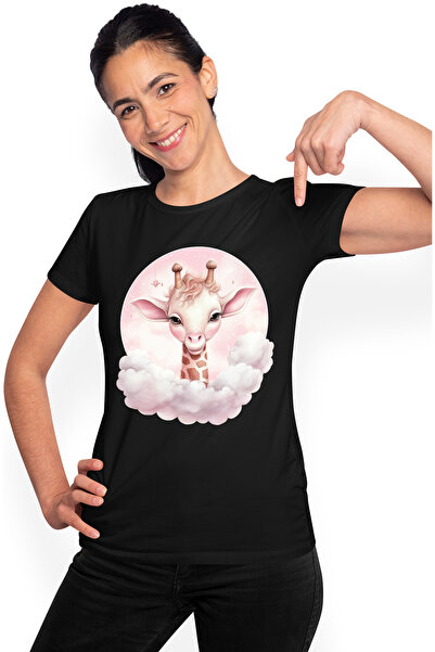 StoryGift Romania Tricou Femei cu o girafa, ilustratie, obosita, pe cale sa adoarma, capul in nori BLK_M