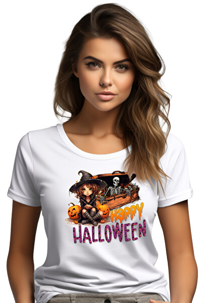 StoryGift Romania Tricou Femei cu o mica vrajitoare cu mesajul "Happy Halloween", ilustratie, Hall WHT_XS