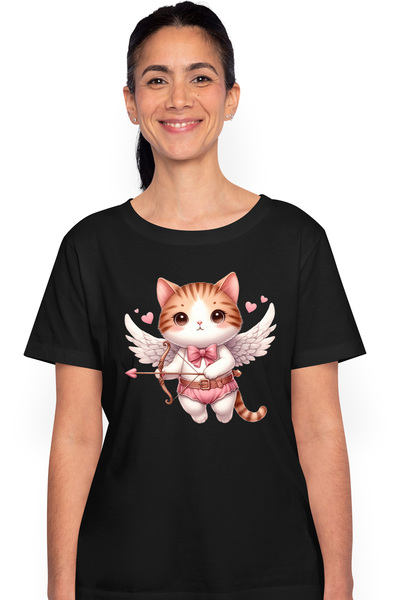 StoryGift Romania Tricou Femei cu o pisicuta Cupidon, rusinata, trage cu arcul, inimioare, ilustra BLK_L