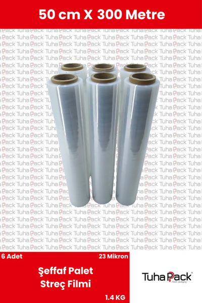 tuhapack plastic packaging Streç Film 50cm X 300m 6 Adet, Şeffaf, 23 Mikron, ...