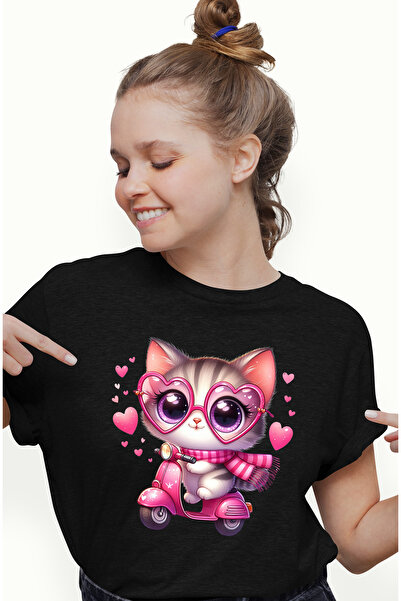 StoryGift Romania Tricou Femei cu o pisicuta vesela care conduce un scuter, plimbare, ilustratie, BLK_S