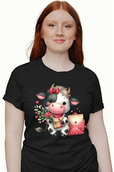 StoryGift Romania Tricou Femei cu o vacuta imbujorata care tine un pachet in ...