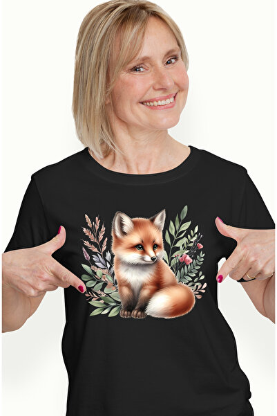 StoryGift Romania Tricou Femei cu un pui de vulpe timid, ilustratie, plante, ...