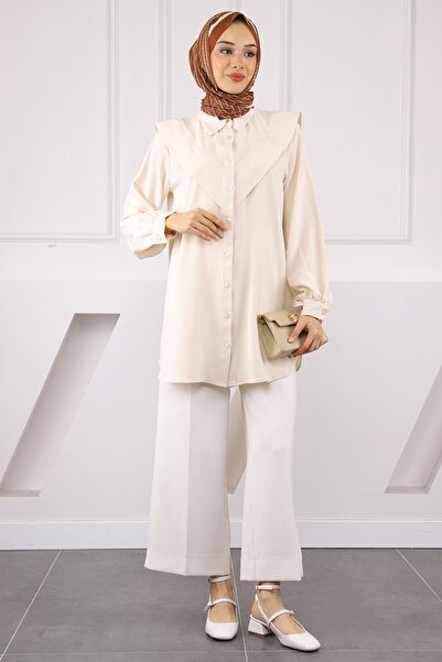İmajButik Beige Front Detailed Linda Tunic