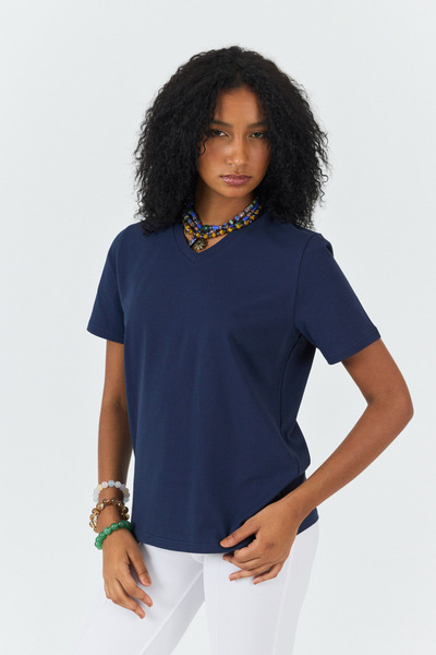 Soho Mood Women's V-Neck 100% Cotton Navy Blue Basic T-Shirt