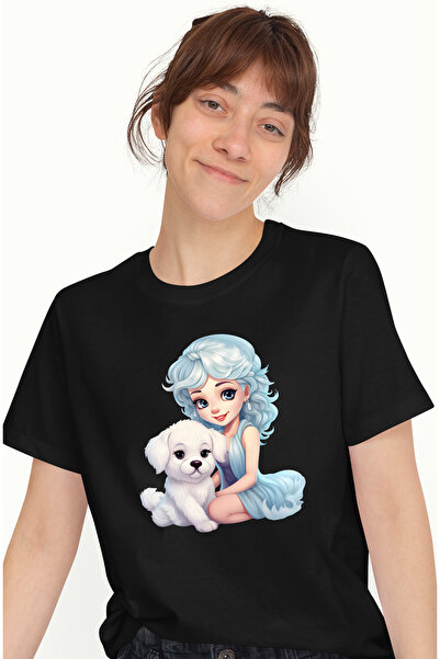 StoryGift Romania Tricou Femei cu o fata draguta care are un catelus alb, ilu...