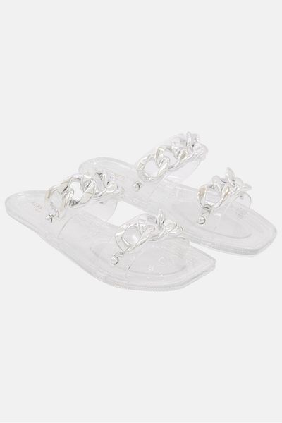 Reaction by Kenneth Cole Women Neko Chain Jelly Slip On Casual Flats, Transparent/silver