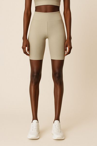 HNX Women's High Waist Tight Ripped Ribbed Short Sports Leggings |   Sand