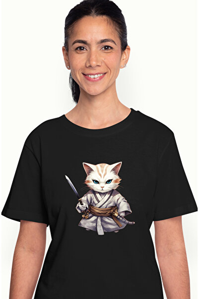 StoryGift Romania Tricou Femei cu o pisicuta furioasa care tine o katana, ilu...