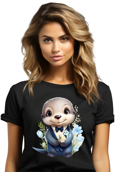 StoryGift Romania Tricou Femei cu o vidra vesela care tine niste flori, ilust...