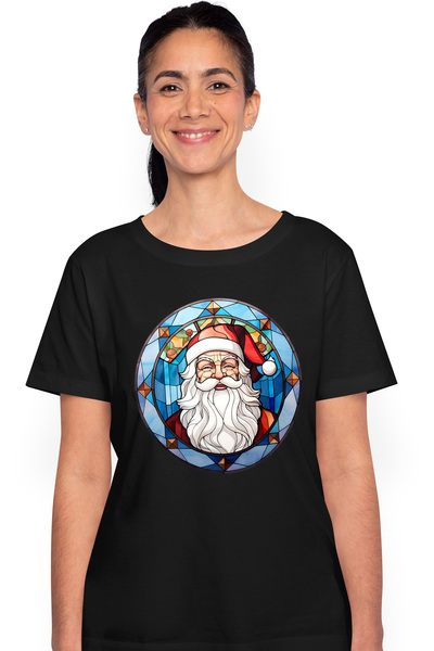 StoryGift Romania Tricou Femei cu Mos Craciun, ilustratie, stil mozaic, cerc,...