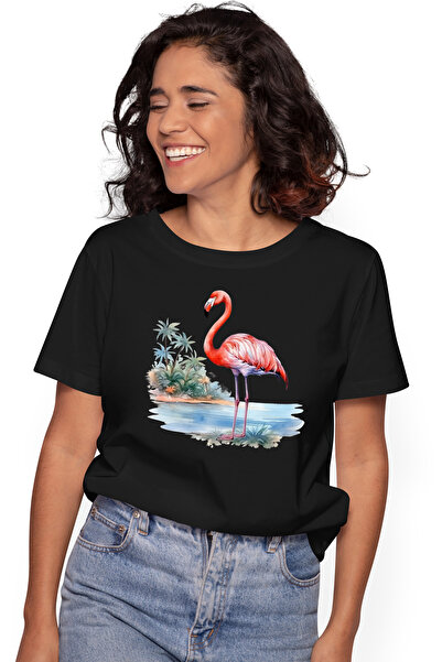 StoryGift Romania Tricou Femei cu pasarea Flamingo, ilustratie, palmieri, roz, apa, lac, ierburi, BLK_XS