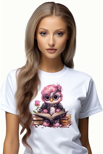 StoryGift Romania Tricou Femei cu o bufnita care tine o carte deschisa, ilustratie, lectura, liter WHT_M