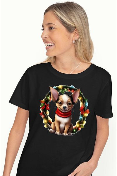 StoryGift Romania Tricou Femei cu un catel vesel, Craciun, fular, coroana, luminite, sarbatori ala BLK_XS