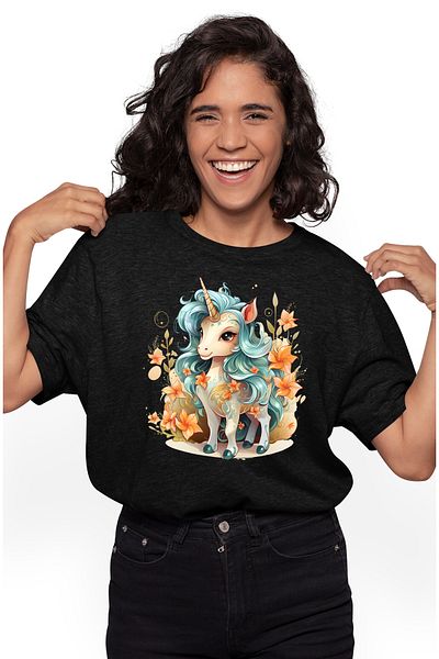 StoryGift Romania Women's T-shirt with a cheerful unicorn, illustration, smiling, orange flowers, plants BLK_XL