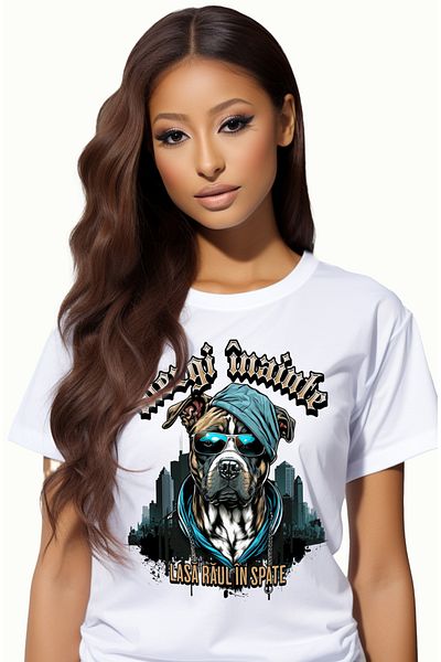 StoryGift Romania Tricou Femei Caine gangster cu ochelarii si lant de aur, mesasaj motivational ME WHT_XS