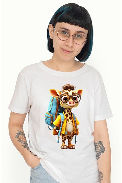 StoryGift Romania Tricou Femei cu o girafa exploratoare, excursie, ghiozdan, bagaj incarcat, exped WHT_S