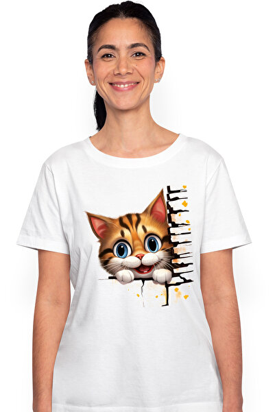 StoryGift Romania Tricou Femei cu o pisicuta vesela, ilustratie, ochi albastr...