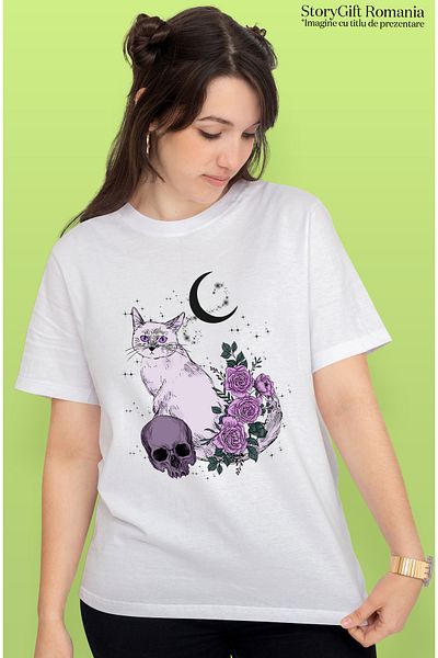 StoryGift Romania Tricou Femei Cu Pisica Macabra, Ilustratie, Semiluna, Craniu, Trandafiri Roz, Su Wht_l