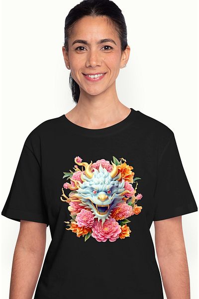 StoryGift Romania Tricou Femei cu un dragon chinezesc, ilustratie, floricele, roz, an nou, China, BLK_XL