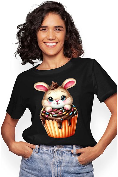 StoryGift Romania Tricou Femei cu un iepuras care sta intr-o briosa, ilustratie, ciocolata, dulce, BLK_XS