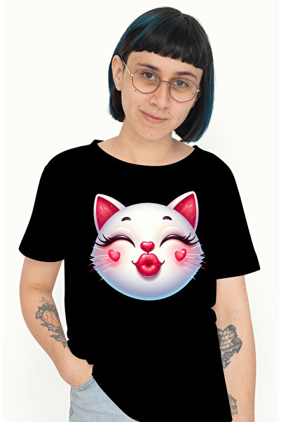 StoryGift Romania Tricou Femei cu o pisica bucuroasa care da un pupic, ilustr...