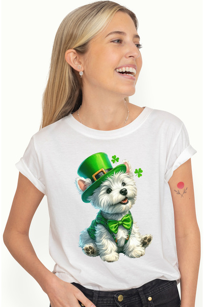 StoryGift Romania Tricou Femei cu un catelus alb fericit, blanos, sarbatoare,...