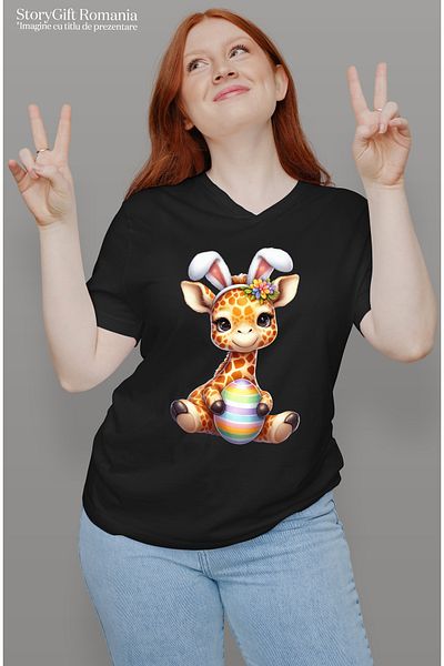 StoryGift Romania Women's T-shirt with a giraffe, illustration, rabbit ears, egg, cheerful, happy, j BLK_L