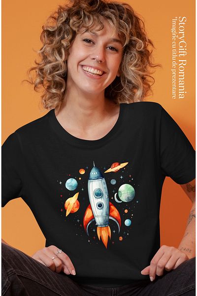 StoryGift Romania Tricou Femei Cu O Racheta Care Zboara Prin Spatiu, Ilustratie, Planete, Stele, D Blk_l