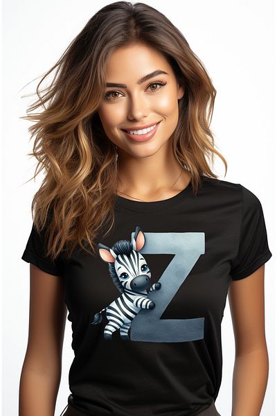 StoryGift Romania Women's T-shirt with a zebra with the letter "Z", illustration, for children, school, student, s BLK_M