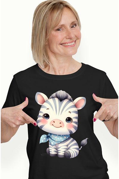 StoryGift Romania Women's T-shirt with a small, blushing zebra, illustration, bandana around the neck, cute BLK_XS
