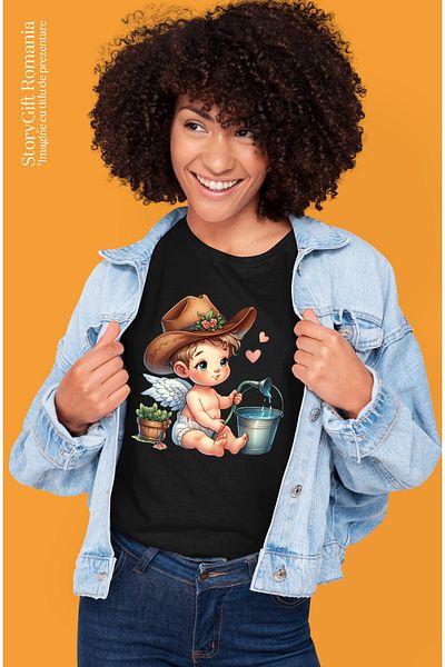 StoryGift Romania Women's T-shirt with a baby filling a bucket with a hose, illustration, plants BLK_L,STG
