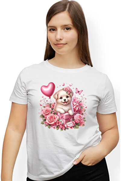 StoryGift Romania Tricou Femei cu un catel vesel, jucaus, alb, trandafiri, fl...