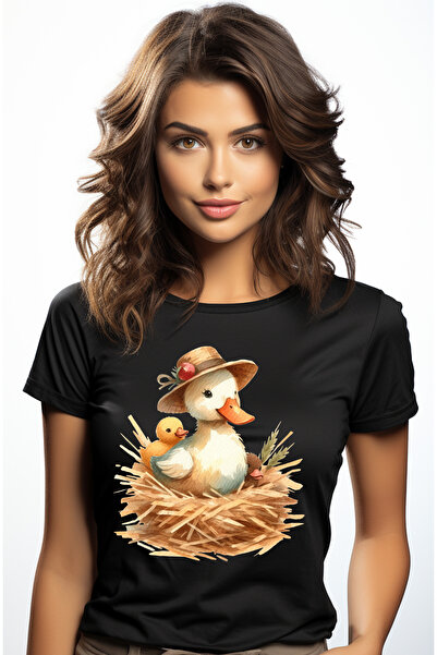 StoryGift Romania Tricou Femei cu o rata cu puisorii ei, ilustratie, iubire m...