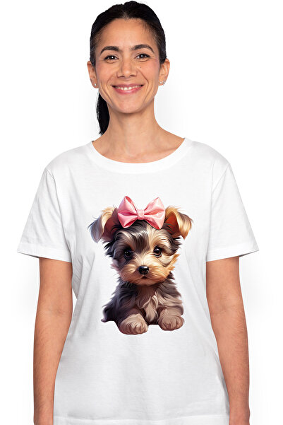 StoryGift Romania Tricou Femei cu o catelusa blanoasa, ilustratie, fundita, c...
