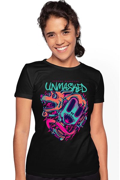 StoryGift Romania Women's T-Shirt With Orange Dog And Flaming Mask, Text In English Unmasked, BLK_XS
