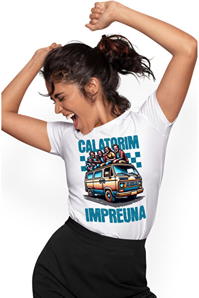 StoryGift Romania Tricou Femei calatorim impreuna grup de prieteni aventura cu imprimeu pe Fata, 1 WHT_S